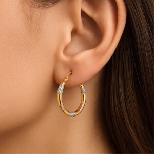Tri-Color Diamond Cut Hoop Earrings in 14k Gold 2mm x 15mm