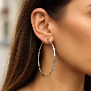 Woman Model Wearing 75mm Hoop Earrings Sterling Silver 3 Inch Rectangular Cut