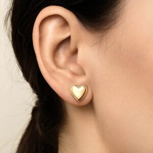 Women 14K Yellow Gold Puffed Big Heart Stud Earrings