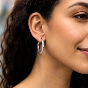 Women's Sterling Silver Faceted Motif 25mm Hoop Earrings 4mm Thick