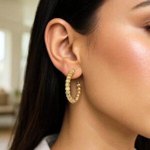 14K Yellow Gold Beaded C Hoop Earrings
