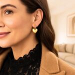 14K Yellow Gold Puffy Heart Drop Huggie Hoop Earrings