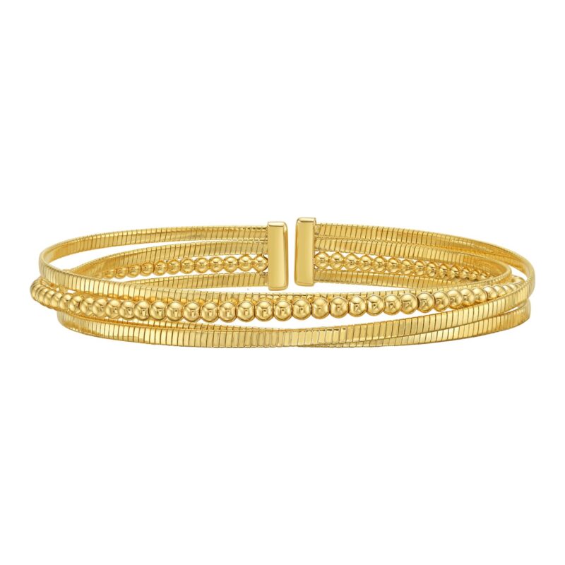 14K Yellow Gold Polished Omega And Beaded Layered Cuff 7.8 mm