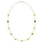 14K Real Yellow Gold Oval Colorful Gemstone and Bead Necklace with Amethyst, Blue topaz, Garnet, Peridot, and Citrine