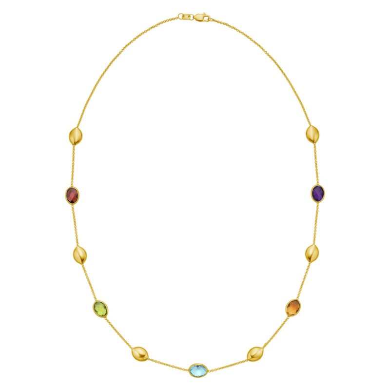 14K Real Yellow Gold Oval Colorful Gemstone and Bead Necklace with Amethyst, Blue topaz, Garnet, Peridot, and Citrine