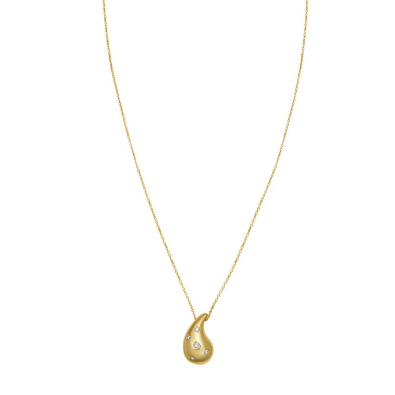 Stylish 14K Yellow Gold Paperclip Chain Necklace Raindrop Charm with Stones
