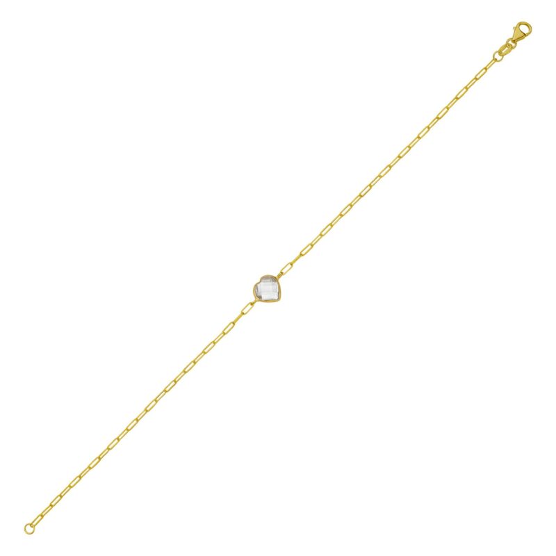14K Yellow Gold White Topaz Heart Bracelet 1.5 mm