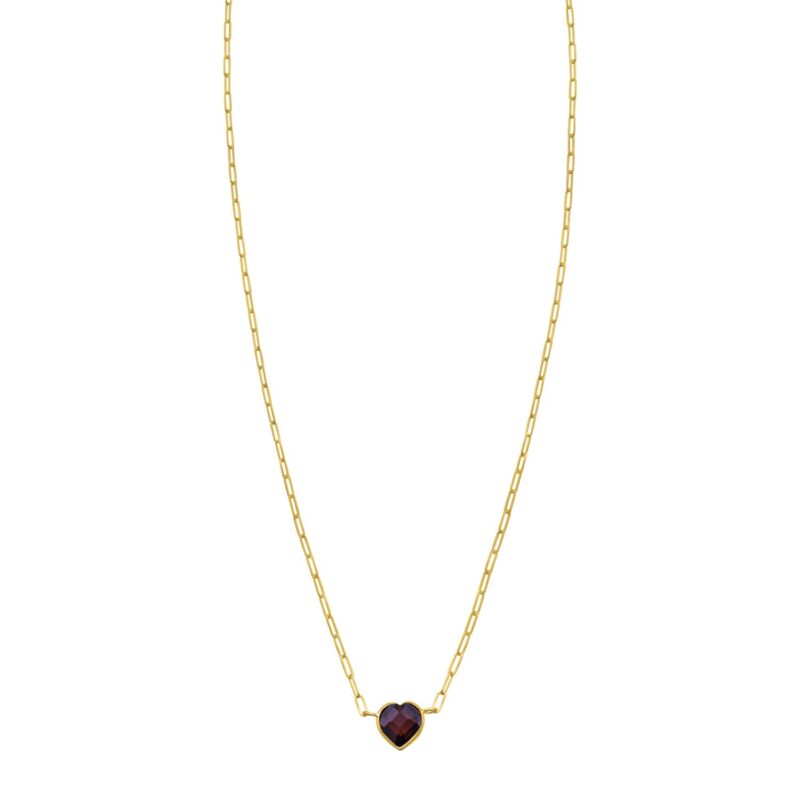 Garnet Heart Necklace 14K Yellow Gold 1.5 mm