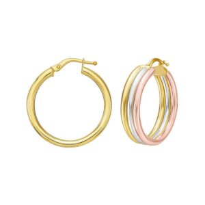 14K Tri Color Gold Polished Trinity Tube Hoop Earrings