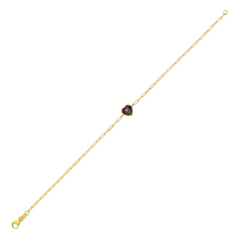 14K Solid Yellow Gold Garnet Heart Bracelet – 7 in (18 cm)