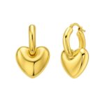 14K Yellow Gold Puffy Heart Dangle Huggie Hoops Earrings