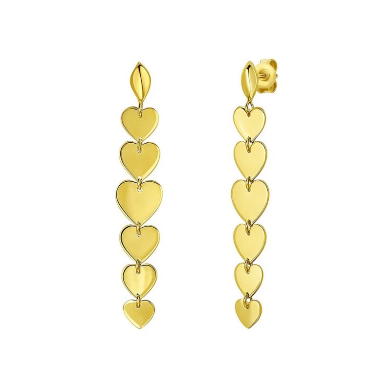 💛 14K Yellow Solid Gold Long Drop Dangle Heart Post Stud Earrings