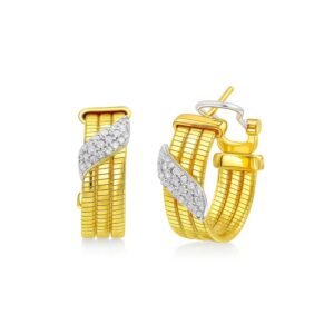 14K Yellow Gold Triple Row Diamond Omega Hoop Earrings