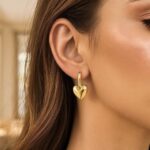 Real 14K Yellow Gold Puffy Heart Drop Huggie Hoop Earrings