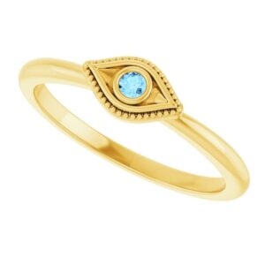 Aquamarine Evil Eye Stackable Ring 14K Yellow Gold