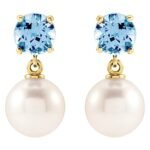 Round Cut Aquamarine and Pearl Drop Earrings 14K Yellow Gold