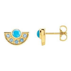 Aquamarine and Turquoise Fan Stud Earrings 14K Yellow Gold