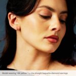 Baguette Diamond Huggie Earrings 14k Gold wearing Model