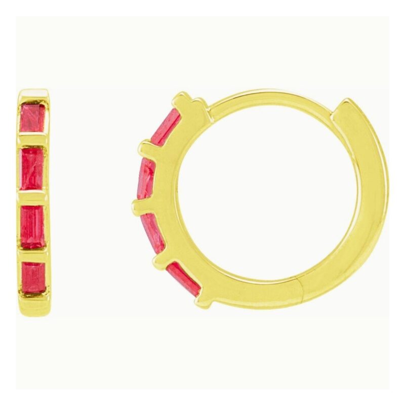 Baguette Ruby Huggie Hoop Earrings 14k Yellow Gold