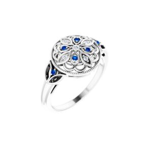 Blue Sapphire and Diamond Sterling Silver Filigree Ring