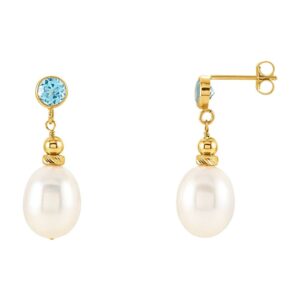 Blue Topaz and Pearl Drop Earrings 14K Yellow Gold