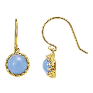Crown Cabochon Blue Chalcedony Drop Earrings 14K Yellow Gold