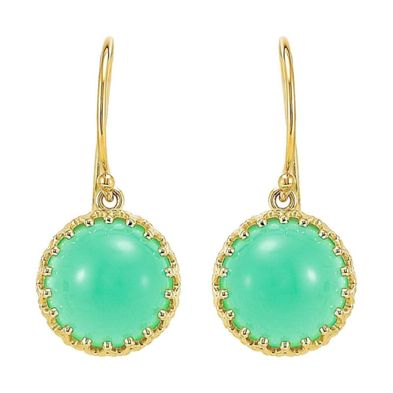 Crown Cabochon Green Chrysoprase Drop Earrings 14k Yellow Gold