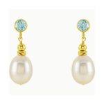 Cultured White Freshwater Pearl & Natural Swiss Blue Topaz Drop Earrings 14K Yellow Gold