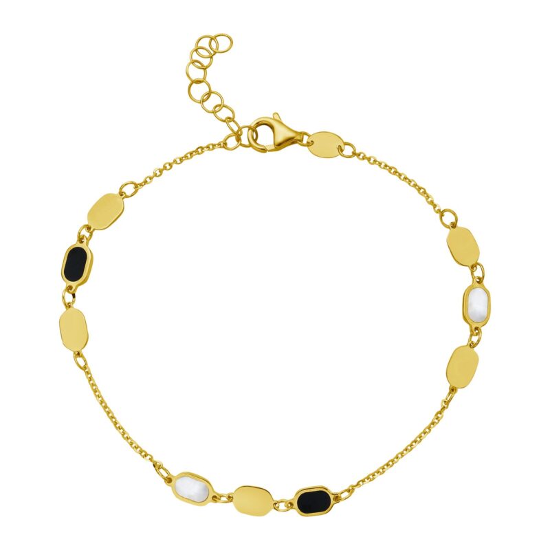 Onyx And MOP Inlay Links Bracelet Solid 14K Yellow Gold