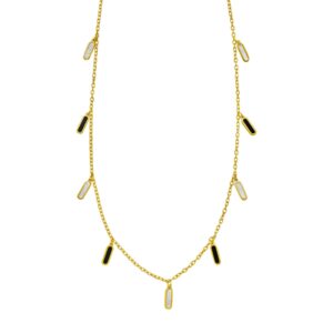 Onyx And Mother of Pearl Inlay Station Necklace 14K Yellow Gold