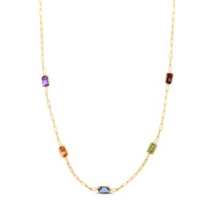 Multi Colorful Gemstone Paperclip Necklace 1.5 mm 14K Yellow Gold with garnet, peridot, blue topaz, citrine, and amethyst stones