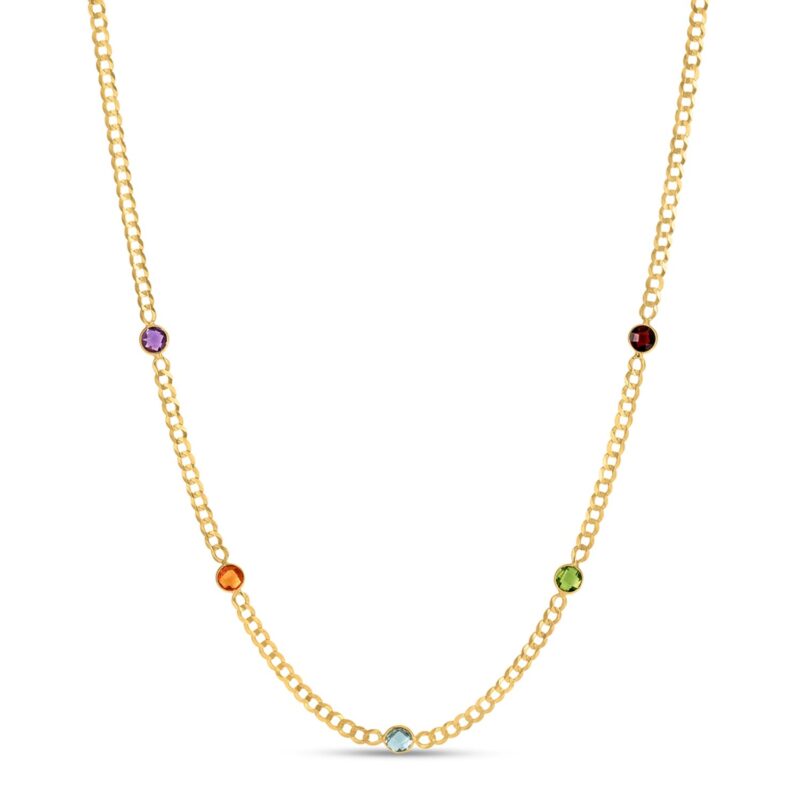 14K Yellow Gold Multi Color Gemstone Curb Chain Necklace