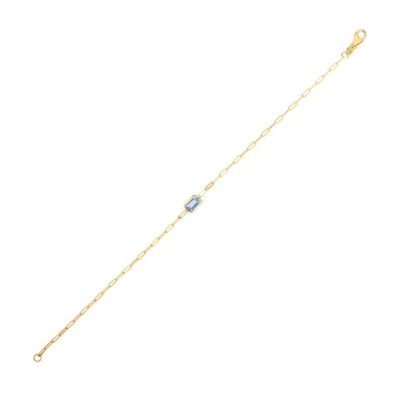 Blue Topaz Paperclip Bracelet 1.5 mm 14K Yellow Gold