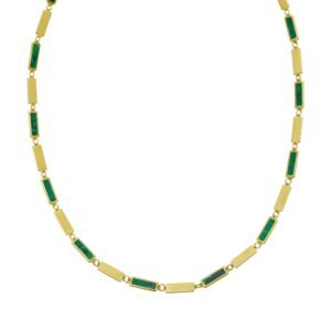 Malachite Rectangle Links Necklace 3.5 mm 14K Yellow Gold