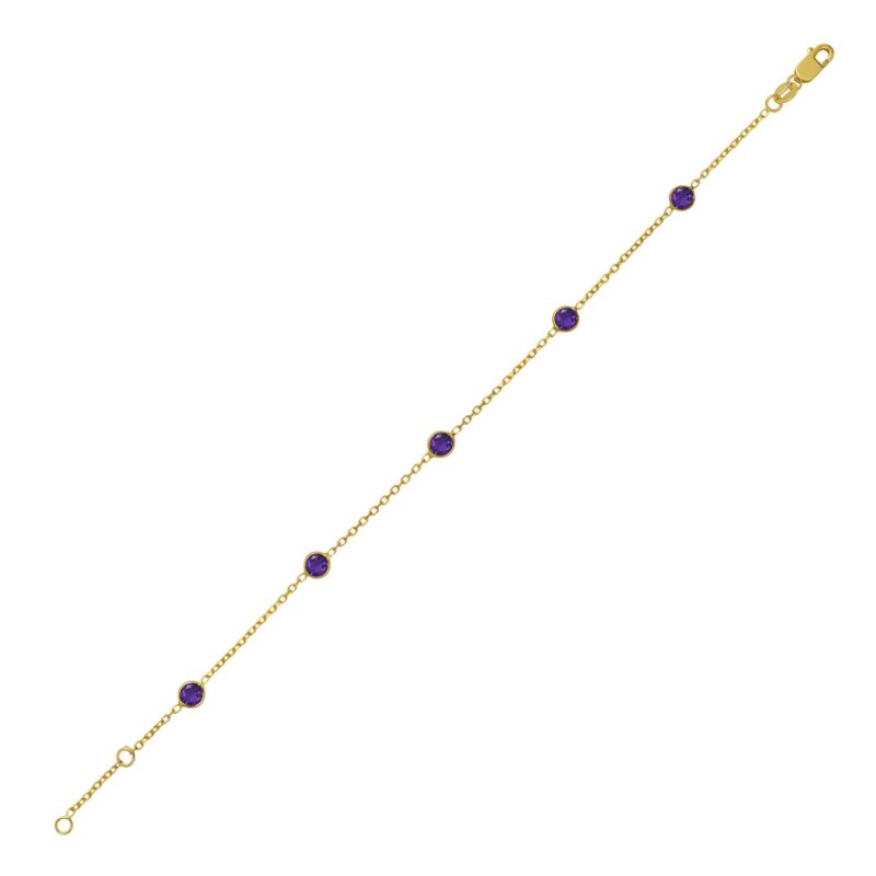 Purple Amethyst Station Bracelet 14K Yellow Gold