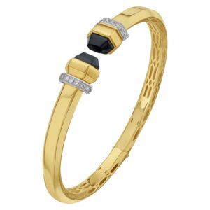 Black Pyramid Art Deco Open Cuff Bangle 6 mm 14K Yellow Gold