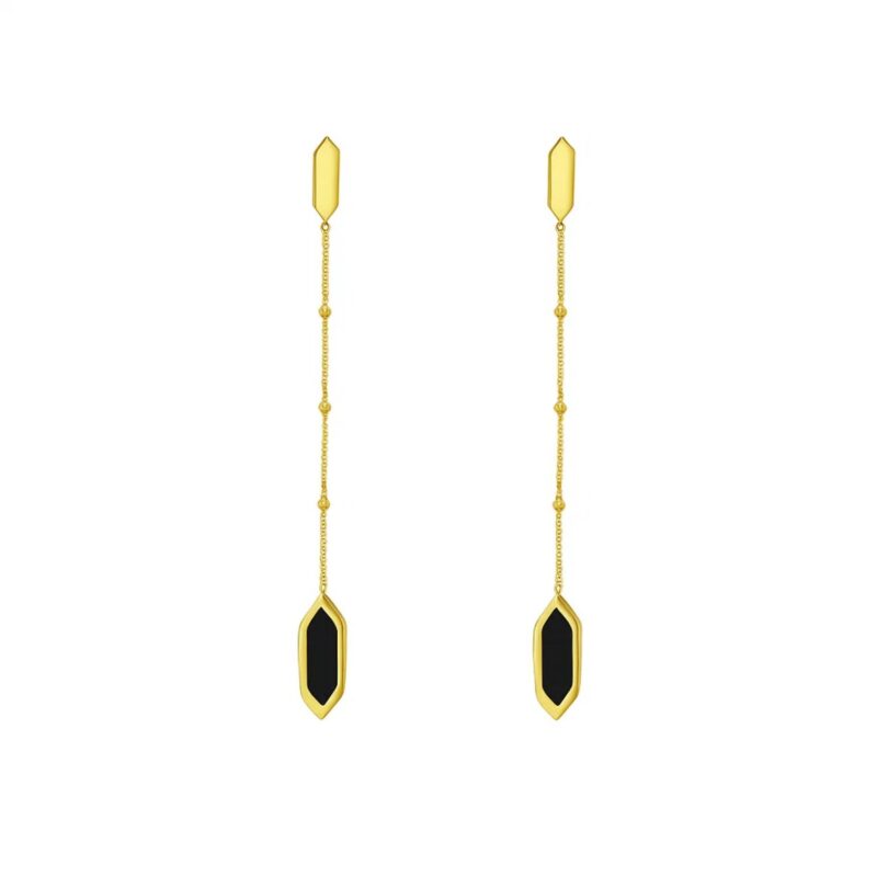 Hexagon Onyx Dangle Drop Earrings 14K Yellow Gold