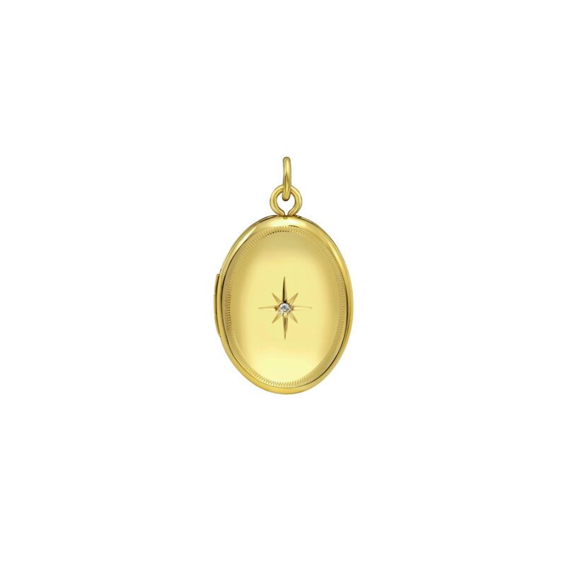 Oval Diamond Locket Charm Pendant 16 mm 14K Yellow Gold