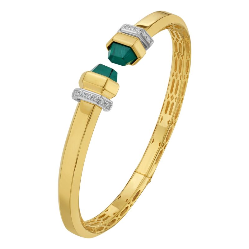 Green Pyramid Art Deco Cuff Bangle 10.7 mm 14K Yellow Gold