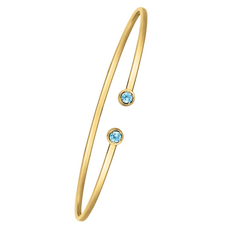 Blue Topaz Open Cuff Bangle 2 mm 14K Yellow Gold