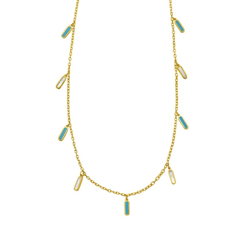 14K Yellow Gold Turquoise And MOP Inlay Station Necklace