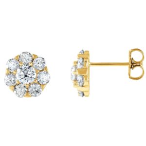 Diamond Halo Cluster Stud Earrings 14K Yellow Gold