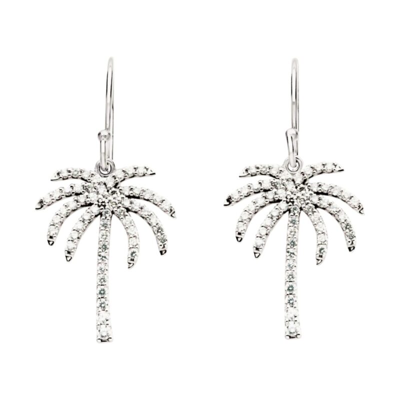 Diamond Palm Tree Drop Earrings 14K White Gold