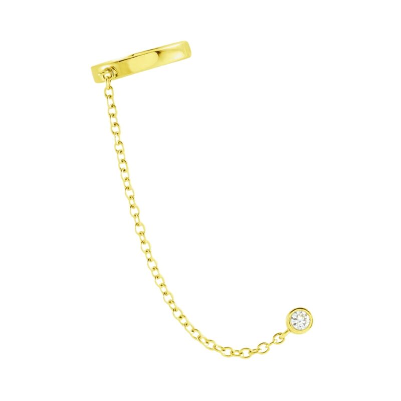 Ear Cuff with Chain and Diamond Stud 14K Yellow Gold