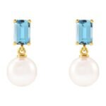 Emerald Cut Aquamarine and Pearl Drop Earrings 14K Yellow Gold