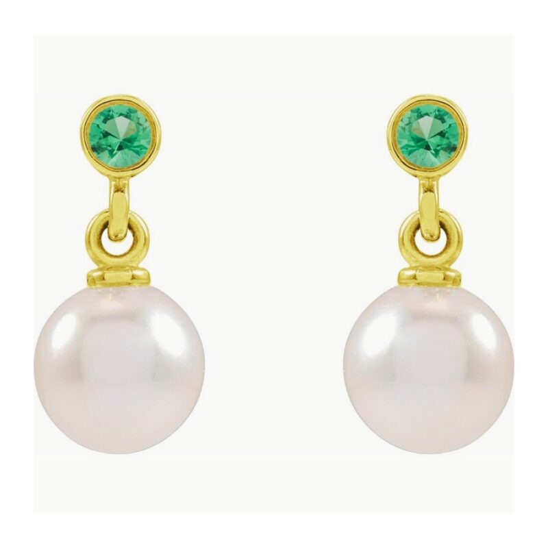 Emerald Pearl Drop Earrings 14K Gold
