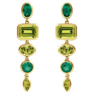 Emerald and Peridot Dangle Earrings 14K Gold