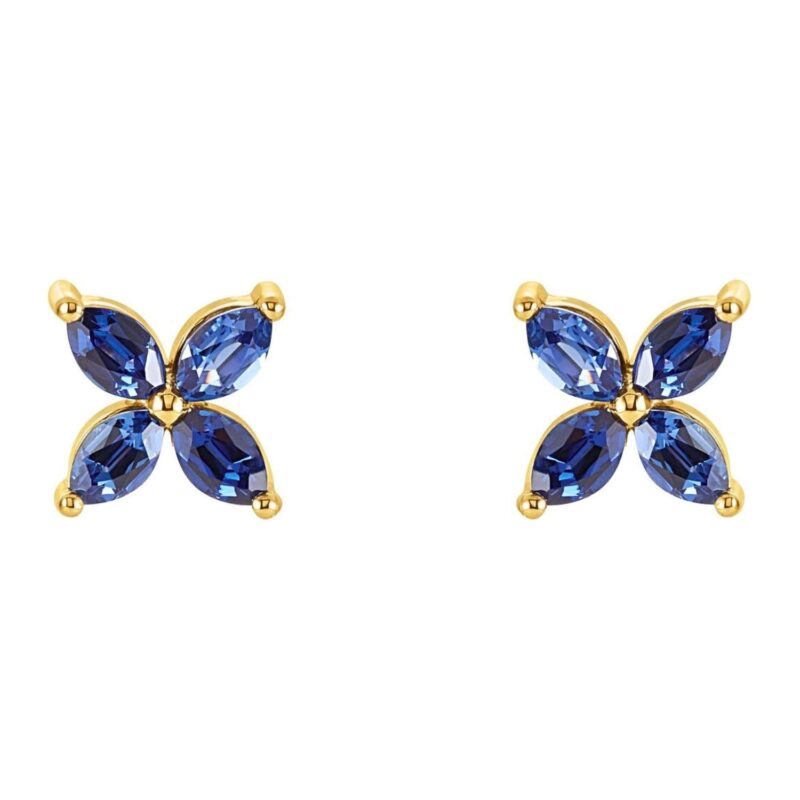 Marquise Blue Sapphire Flower Cluster Stud Earrings 14K Gold