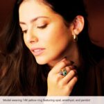 Model Wearing Peridot and Turquoise Halo Style Ring 14K Gold Model Wearing Peridot and Turquoise Halo Style Ring 14K Gold