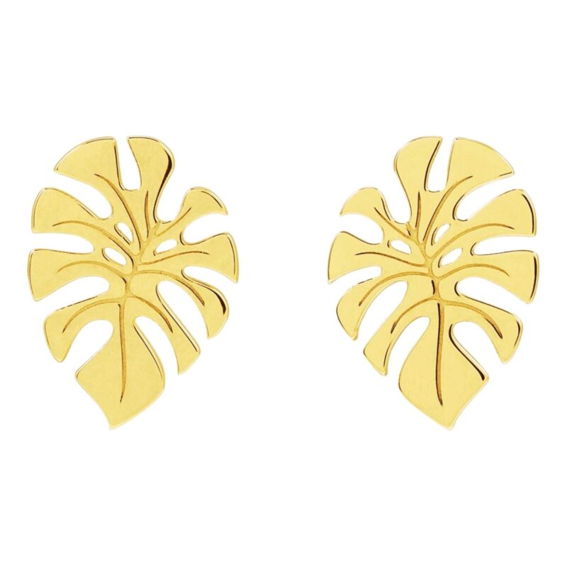 Monstera Leaf Stud Earrings 14K Gold